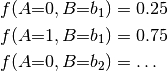f(A{=}0,B{=}b_1)&=0.25\\
f(A{=}1,B{=}b_1)&=0.75\\
f(A{=}0,B{=}b_2)&=\ldots